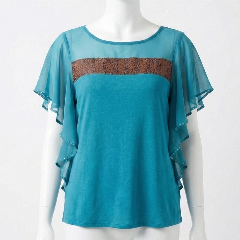 Charming Charlie Teal Boho Top Embroidered Sheer Flutter Sleeve Medium